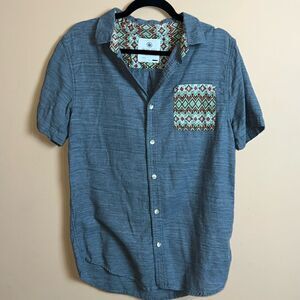 On the Byas Men’s Charcoal Aztec Print Button Down Collared Shirt Size Medium